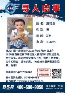 【寻人启事】图中唐铭浩于2025年08月04日上午11:00左右在桂林市临桂区大律街154号附近走失 - 仙桃28生活网 xiantao.28life.com